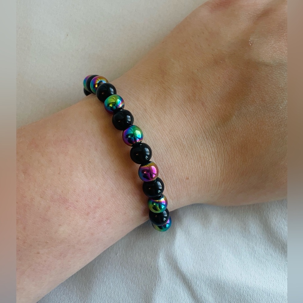 Handmade Rainbow Hematite and Black Glass Bracelet